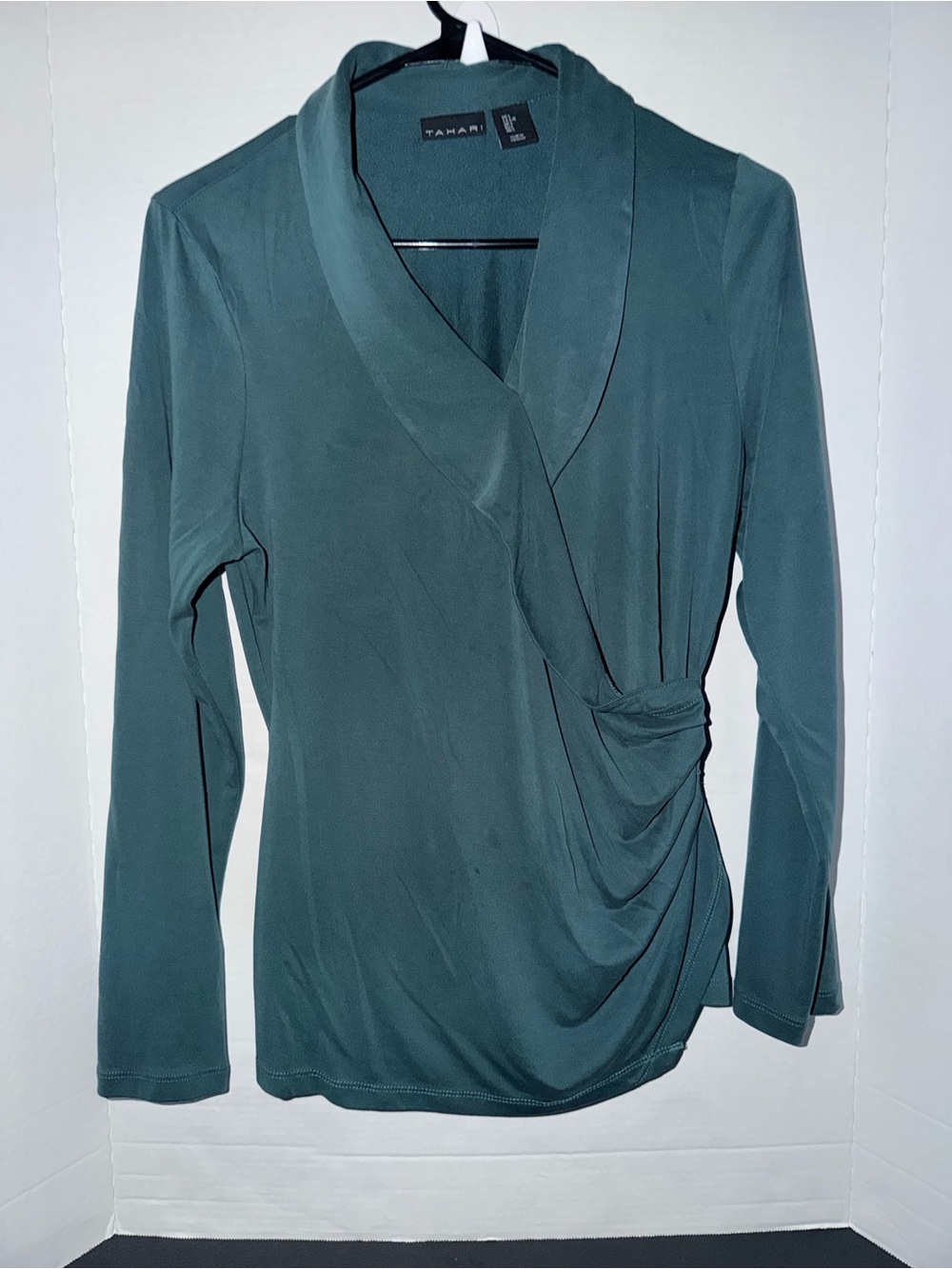 Tahari Teal Wrap-Style Long Sleeve Top
